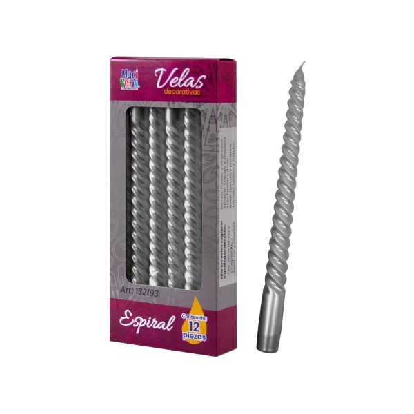 Vela Macivelas Decorativa Espiral Plata (12 pzas)